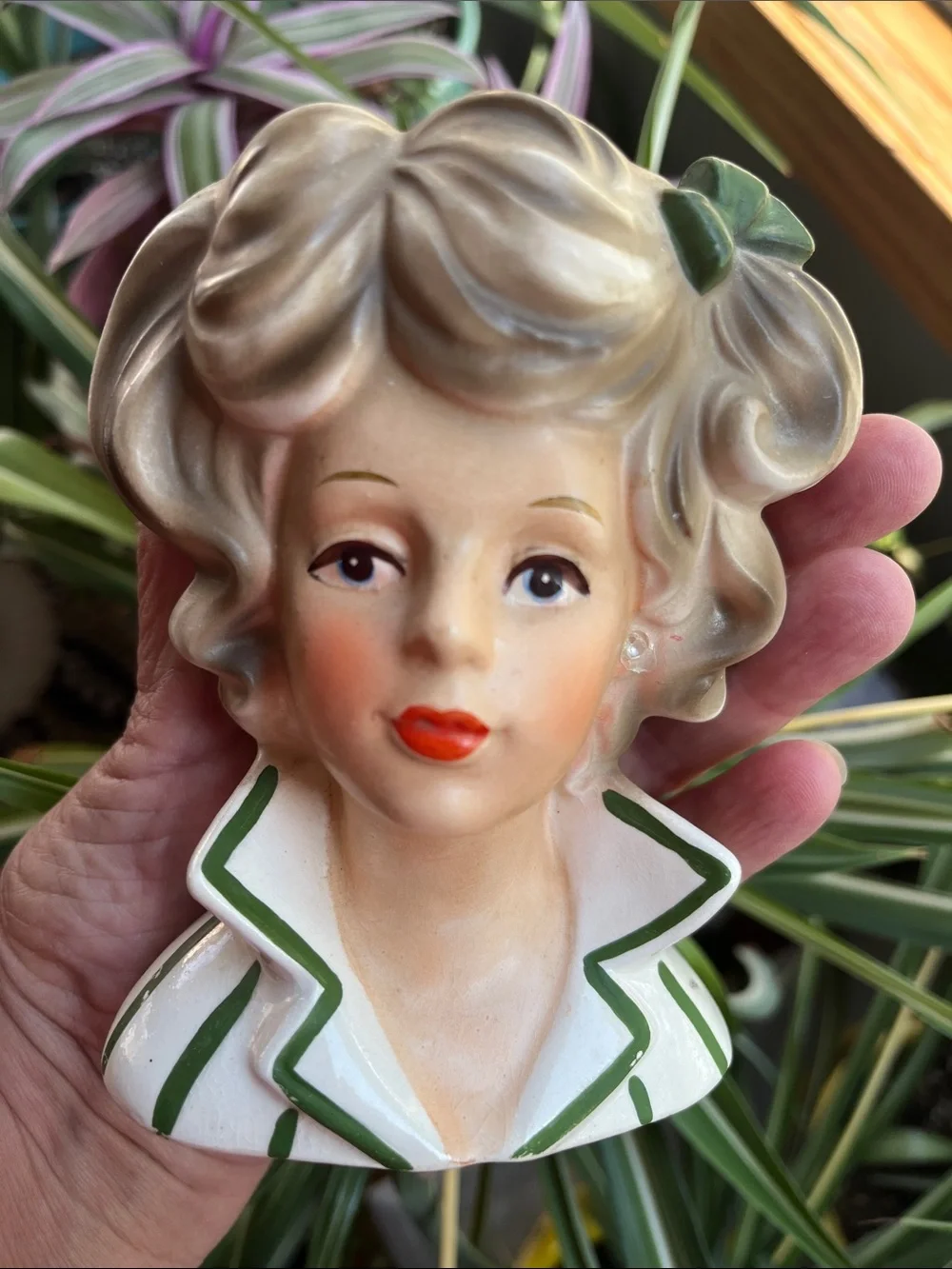 Vtg Royal Crown Lady Head Vase 3410 Japan 5'' Striped Green Shirt 60s/70s *READ*